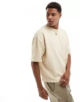 Бежевая объемная футболка свободного кроя с закатанными рукавами ASOS DESIGN