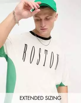 Бежевая оверсайз-футболка ASOS DESIGN с зелеными вставками в стиле колор-блок и принтом «Бостон»