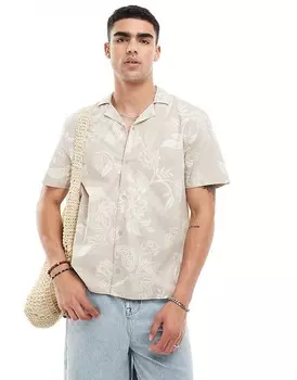 Бежевая поплиновая рубашка свободного кроя с короткими рукавами и кубинским воротником с цветочным принтом Hollister