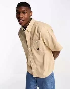 Бежевая рубашка для скейтбординга с логотипом и флагом Tommy Jeans