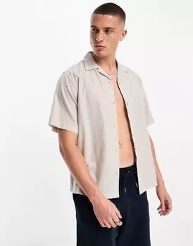 Бежевая рубашка из льняного микса Jack & Jones Premium с воротником-стойкой