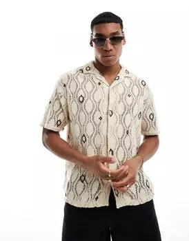 Бежевая рубашка с воротником крючком Pull&Bear