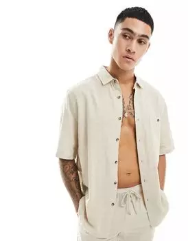 Бежевая рубашка свободного кроя из смесового льна ASOS с квадратным воротником