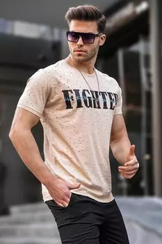 Бежевая рваная футболка с круглым вырезом 4592 MADMEXT