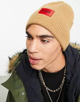 Бежевая шапка-бини с логотипом HUGO Xaff