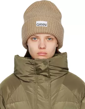 Бежевая шапка-бини в рубчик GANNI