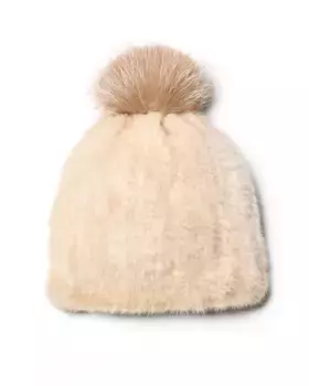 Бежевая шапка из норки с помпоном из лисы Maximilian, кремовый
