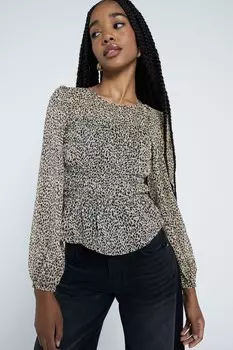 Бежевая шифоновая блузка с принтом и сборками River Island, коричневый