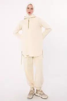 Бежевая спортивная туника с капюшоном и цепочкой с блестками и рельефной отделкой ALL DAY