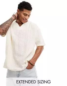 Бежевая структурированная футболка оверсайз с вырезом на шее ASOS