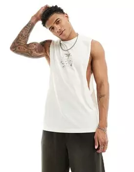 Бежевая свободная майка с живописным принтом на груди ASOS DESIGN