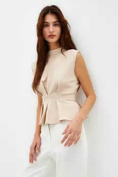 Бежевая тканая блузка без рукавов с круглым вырезом Trendyol, бежевый