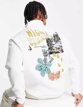 Бежевая толстовка оверсайз с молнией до половины и принтом на спине ASOS DESIGN