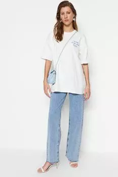 Бежевая трикотажная футболка с короткими рукавами и принтом Trendyol Modest, экрю