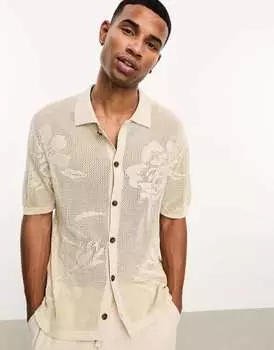 Бежевая трикотажная рубашка с цветочным принтом Bershka