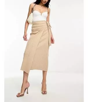 Бежевая трикотажная юбка с запахом и разрезом до бедра Pretty Lavish