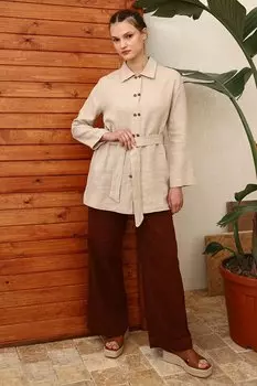 Бежевая туника-рубашка из 100% льна с поясом и двойными пуговицами ALL DAY