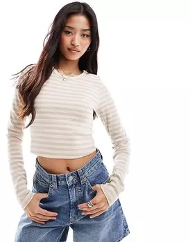 Бежевая укороченная футболка с длинными рукавами в рубчик JJXX Feline