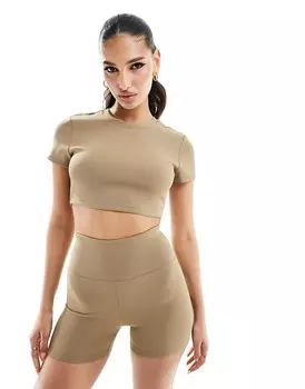 Бежевая укороченная футболка в рубчик ASOS 4505 Active