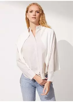 Бежевая женская рубашка свободного кроя с воротником в полоску People By Fabrika