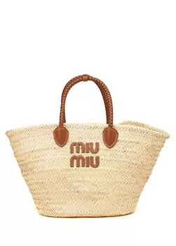 Бежевая женская соломенная пляжная сумка с логотипом Miu Miu