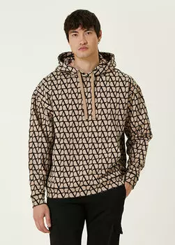 Бежево-черный свитшот с капюшоном и узором в виде логотипа Valentino