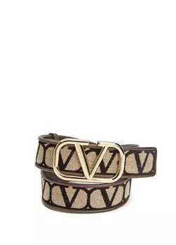 Бежево-черный женский кожаный ремень с жаккардовым логотипом Valentino Garavani