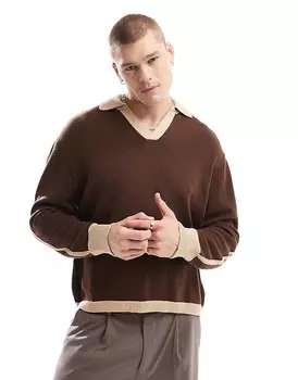Бежево-коричневый свитер из смесового хлопка ASOS DESIGN с контрастным воротником и манжетами