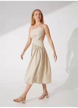 Бежево-меланжевое женское пышное летнее длинное платье на одно плечо Fabrika