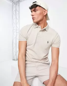Бежево-желтое поло из пике узкого кроя с логотипом Polo Ralph Lauren