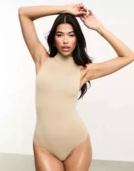 Бежевое боди без рукавов с высоким воротником и скульптурным вырезом Vero Moda