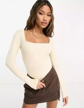 Бежевое боди с квадратным вырезом и длинными рукавами в рубчик потертого цвета Threadbare