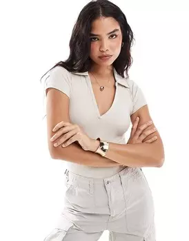 Бежевое боди в рубчик с воротником-поло и воротником-поло Pull&Bear