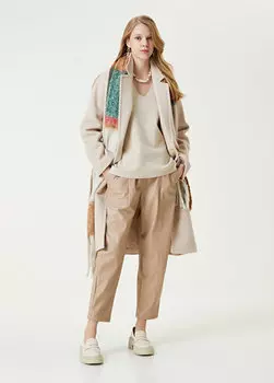 Бежевое двубортное шерстяное пальто Beymen