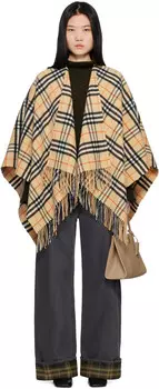Бежевое клетчатое шерстяное кашемировое пальто-накидка Burberry