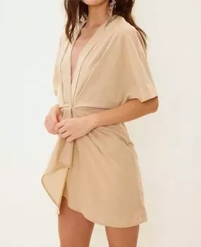Бежевое льняное мини-платье с узлом спереди Idem Ditto, бежевый