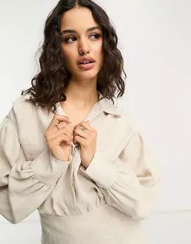 Бежевое льняное платье-рубашка мини & Other Stories