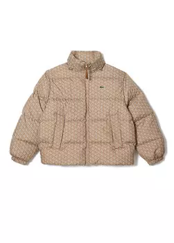 Бежевое мужское пальто с капюшоном и рисунком Lacoste