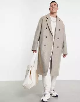 Бежевое пальто свободного кроя с узором \"в елочку\" ASOS DESIGN