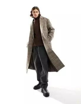 Бежевое пальто в клетку оверсайз из смесовой шерсти ASOS DESIGN