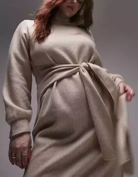 Бежевое платье-джемпер миди из джерси с завязкой на талии Topshop