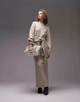 Бежевое платье-джемпер миди из джерси с завязкой на талии Topshop