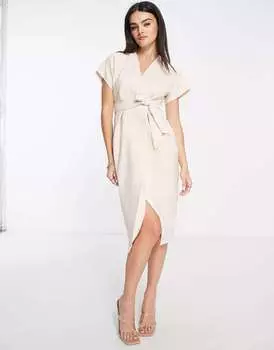 Бежевое платье-кимоно с запахом Closet London