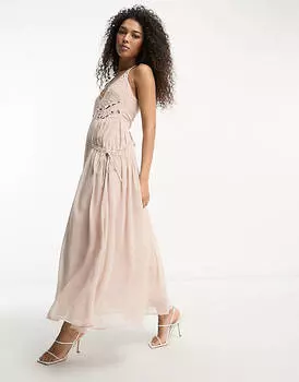 Бежевое платье-комбинация макси с кулиской на талии ASOS DESIGN