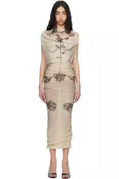 Бежевое платье макси «The Tattoo Rose and Bird» Jean Paul Gaultier