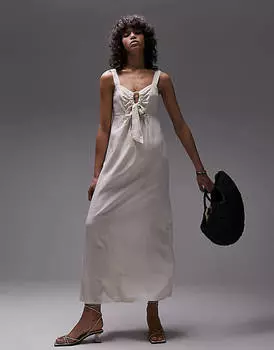 Бежевое платье миди из смесового льна Topshop с завязкой спереди