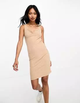 Бежевое платье мини в рубчик с круглым вырезом River Island