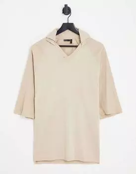 Бежевое поло оверсайз с рукавами в рубчик и воротником из пике ASOS DESIGN