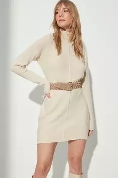 Бежевое шерстяное трикотажное платье с высоким воротником Trendyol, бежевый