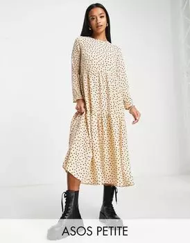 Бежевое свободное платье миди в горошек с длинными рукавами ASOS DESIGN Petite